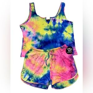 NWT Absolutely It! Pink blue yellow tie dye 2-piece set shorts outfit size 2x